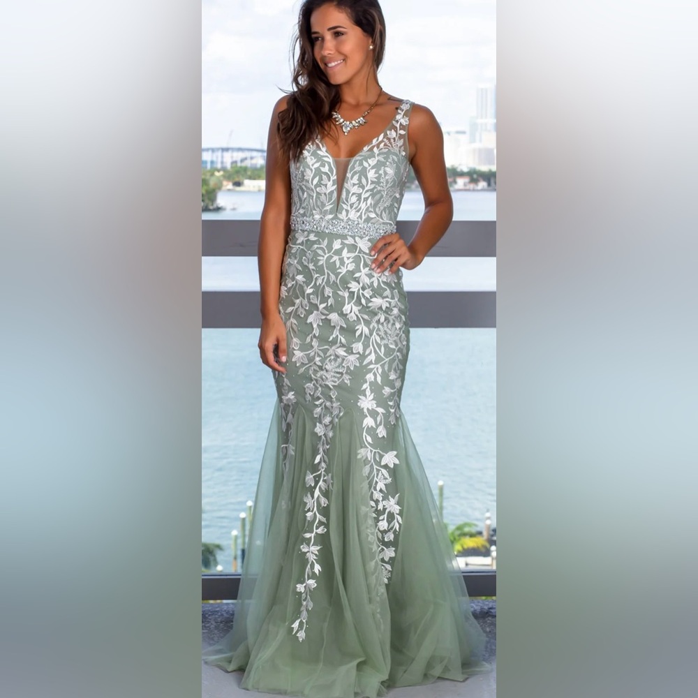 Elegant Green Floral Lace and Tulle Dress
